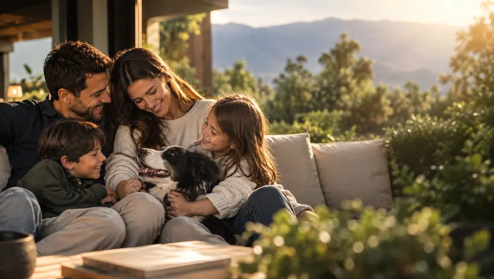 Una familia sonríe junto a su perro en la terraza de su hogar