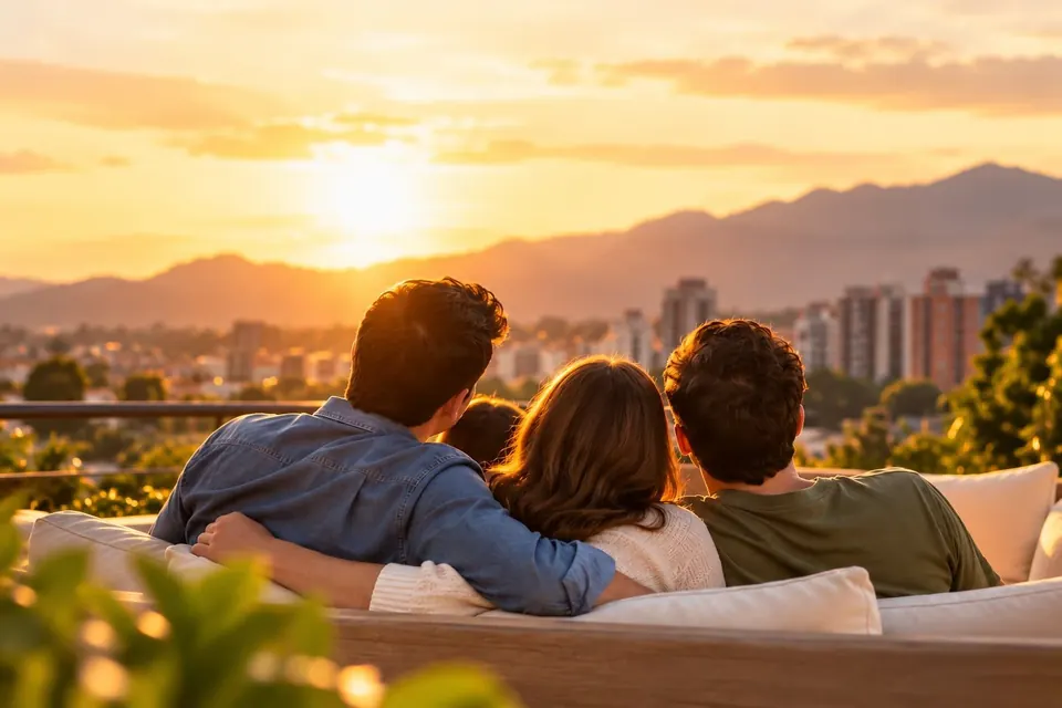 Familia contemplando el atardecer sobre la ciudad desde una terraza